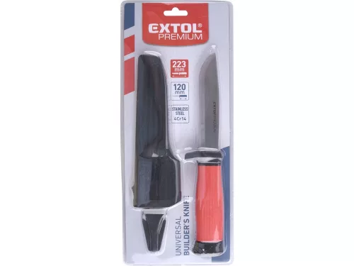 EXTOL PREMIUM  univerzális vágókés, 4Cr14 acél penge, műanyag nyél+tok, penge hossz: 103 mm, teljes hossz: 223 mm