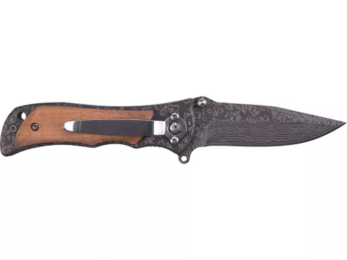 EXTOL PREMIUM zsebkés (bicska), rozsdamentes acél penge damaszk mintával, fa betétes nyél, teljes/összecsukott hossz.:160/90 mm
