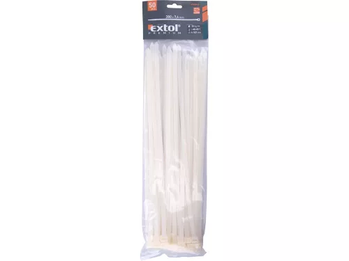 EXTOL PREMIUM kábelkötegelő 7,6×380mm 50db, fehér nylon; UV-, sav- és lúgálló