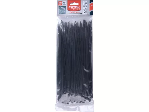 EXTOL PREMIUM kábelkötegelő 3,6×200mm 100db, EXTRA, fekete nylon; UV-, sav- és lúgálló
