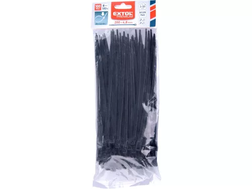 EXTOL PREMIUM kábelkötegelő 4,8×200mm 100db, többször használható (oldható) fekete nylon; UV-, sav- és lúgálló