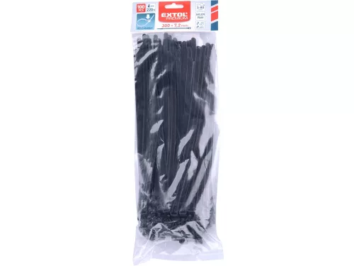 EXTOL PREMIUM kábelkötegelő 7,2×300 mm 100db, többször használható (oldható) fekete nylon; UV-, sav- és lúgálló