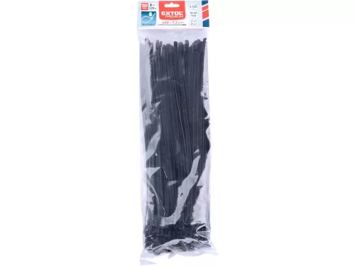 EXTOL PREMIUM kábelkötegelő 7,2×400 mm 100db, többször használható (oldható) fekete nylon; UV-, sav- és lúgálló