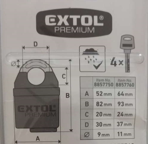 EXTOL PREMIUM  biztonsági lakat, levágás elleni védelemmel, festett, vízálló, 4db kulcs; 50mm