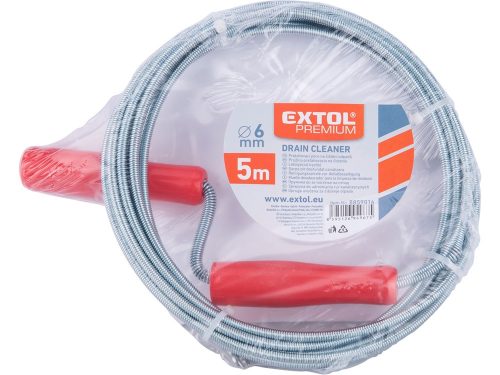 EXTOL PREMIUM lefolyócső tisztító, 5m, 6mm átmérő, kézi tekerővel, tisztító körömmel,  (1,9mm drótból sodorva)