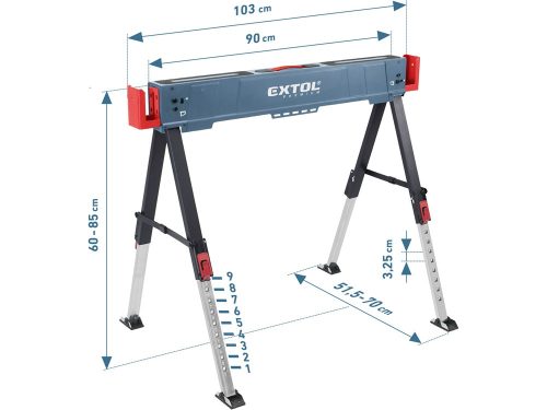 Extol Premium asztalosbak/fűrészbak állítható, összecsukható; 600 - 850 mm, max. terhelés: 550 kg, saját tömeg: 7,9 kg