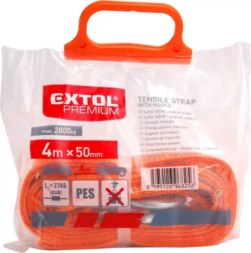 EXTOL PREMIUM  vontató heveder, max.2800kg; 4m×50mm, 2 db kovácsolt kampóval
