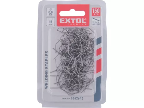 EXTOL PREMIUM kapocs, 'V' forma, 0,8 mm, szélesség: 15 mm, hossz.: 30 mm, 150 db, 8891505 akkus műanyag hegesztőhőz