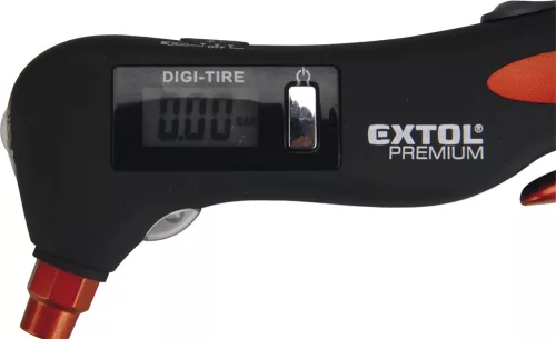 EXTOL PREMIUM  nyomásmérő digitális, 5 az 1-ben autós funkció: nyomásmérő, fehér fény, vörös fény, üvegtörő, biztonsági öv átvágó