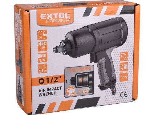 EXTOL PREMIUM légkulcs, 1/2", 800Nm, erős, 3 fokozatú (Twin Hammer), 7000 1/min, 142l/min, 6,3 Bar, 3/8" tömlőcsatlakozó, 2,4kg