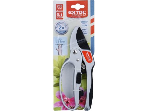 EXTOL PREMIUM metszőolló, mellévágó, racsnis, 205mm, tapadásmentes acél vágóél, max. 24 mm vágási kapacitás,gumírozott ALU nyél