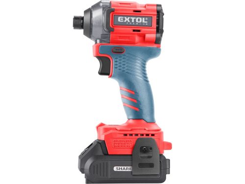 EXTOL PREMIUM   akkus ütvecsavarozó, Share20V, szénkefementes, 1/4" hatszög, Li-ion; 20V akku: 2 Ah, töltő, 230 Nm