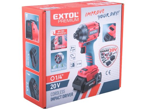 EXTOL PREMIUM   akkus ütvecsavarozó, Share20V, szénkefementes, 1/4" hatszög, Li-ion, 230 Nm, AKKU és TÖLTŐ NÉLKÜL!