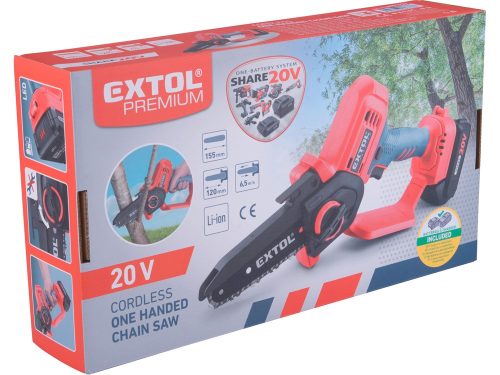 EXTOL PREMIUM   akkus láncfűrészgép egykezes, Share20V, 20V, Li-ion, 155 mm