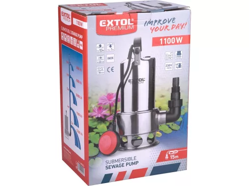 EXTOL PREMIUM   szennyvíz búvárszivattyú, úszókapcsolóval, 1100W,  INOX ház, szállító teljesítmény: 15 m3/h, max. száll. 9,5m