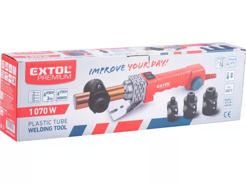 EXTOL PREMIUM   műanyagcső hegesztő gép, 1070W, cserélhető fejek:16-20-25-32mm, 240-300°C, pontosság: +/-1°C