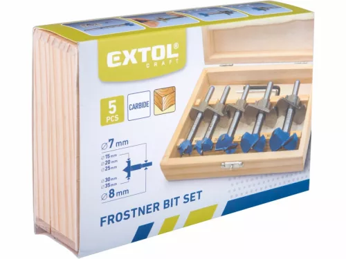 EXTOL CRAFT pánthelymaró klt. fára, 5db, átm.:15-20-25-30-35mm, mélységállítóval, keményfém lapkás, befogás: 7 ill. 8mm, fadobozban