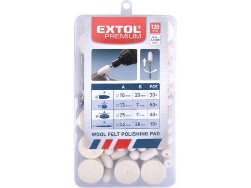 EXTOL CRAFT mini polírozó klt. 3,2 mm befogás, 120 db, 3 féle fejforma, gyapjú filc