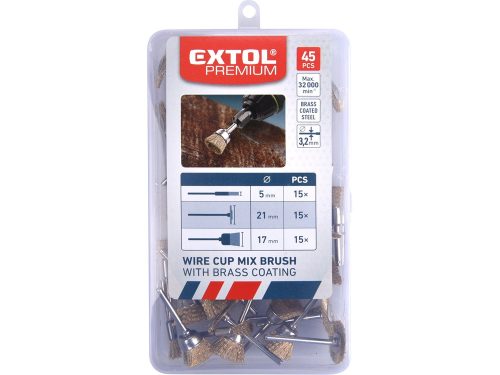 EXTOL CRAFT mini drótcsiszoló klt. 3,2 mm befogás, 45 db, 3 féle fazékkefe fejforma, rezezett acélszál