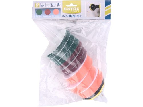 EXTOL CRAFT dörzsölő/csiszoló/polírozó klt. 10 db; 1/4"×25 mm csap, fúrógépbe fogható, tépőzáras