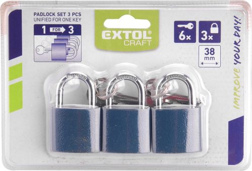 EXTOL CRAFT  biztonsági vas lakat klt., 38mm, 3 db lakat+6 db kulcs, univerzális kulcsok: egy kulcs jó mindhárom lakathoz